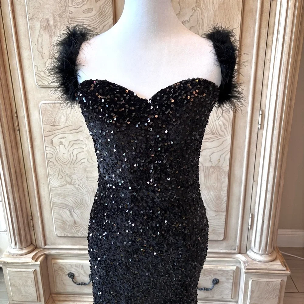 NEW Black Sequin Dress, Black Dress with Feathers Prom NWOT Size XLG - Picture 3 of 13